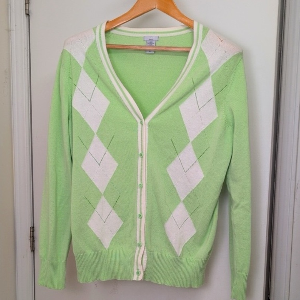IZOD GOLF MINT GREEN AND WHITE CARDIGAN SIZE LARGE